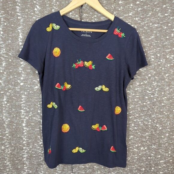 Talbots Tutti Frutti Navy Embroidered Beaded Fruit Print T-Shirt Women's Small - Picture 1 of 8